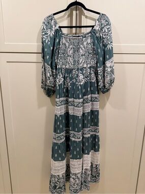 Angie Green and White Floral Smocked Boho Maxi Dress